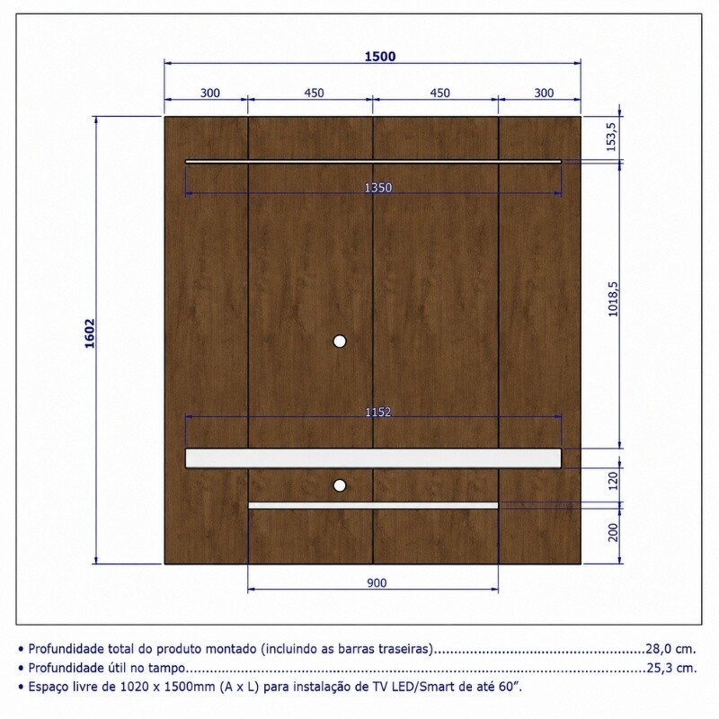 Painel Leme Larg. 1.50m Impressão Ripada 3D Ripado Naturalle/Off White para TV até 60" - Bechara