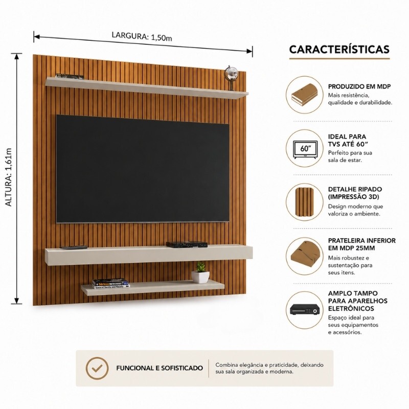 Painel Leme Larg. 1.50m Impressão Ripada 3D Ripado Naturalle/Off White para TV até 60" - Bechara