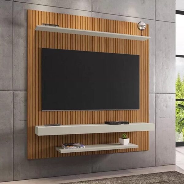 Painel Leme Larg. 1.50m Impressão Ripada 3D Ripado Naturalle/Off White para TV até 60