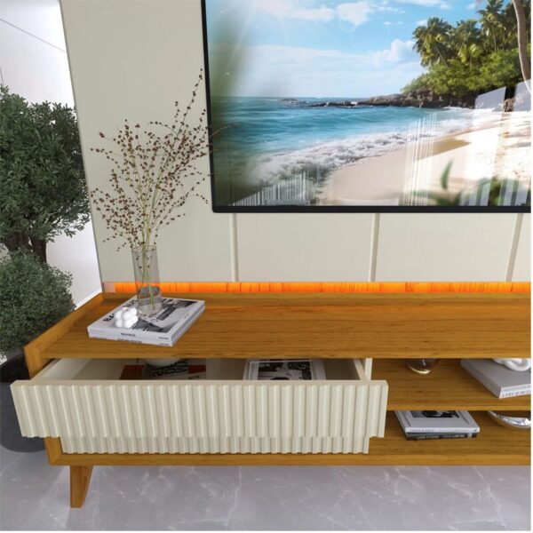 Rack Magnífico 212 Larg. 2.18m + Painel Magnífico 220 Nature/Off C/LED e Detalhe Ripado para TV até 85