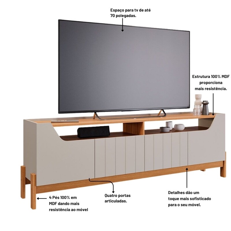 Rack Bancada Moema Larg. 1.85m Off/Cinamomo 100% MDF para TV até 70" - Permóbili