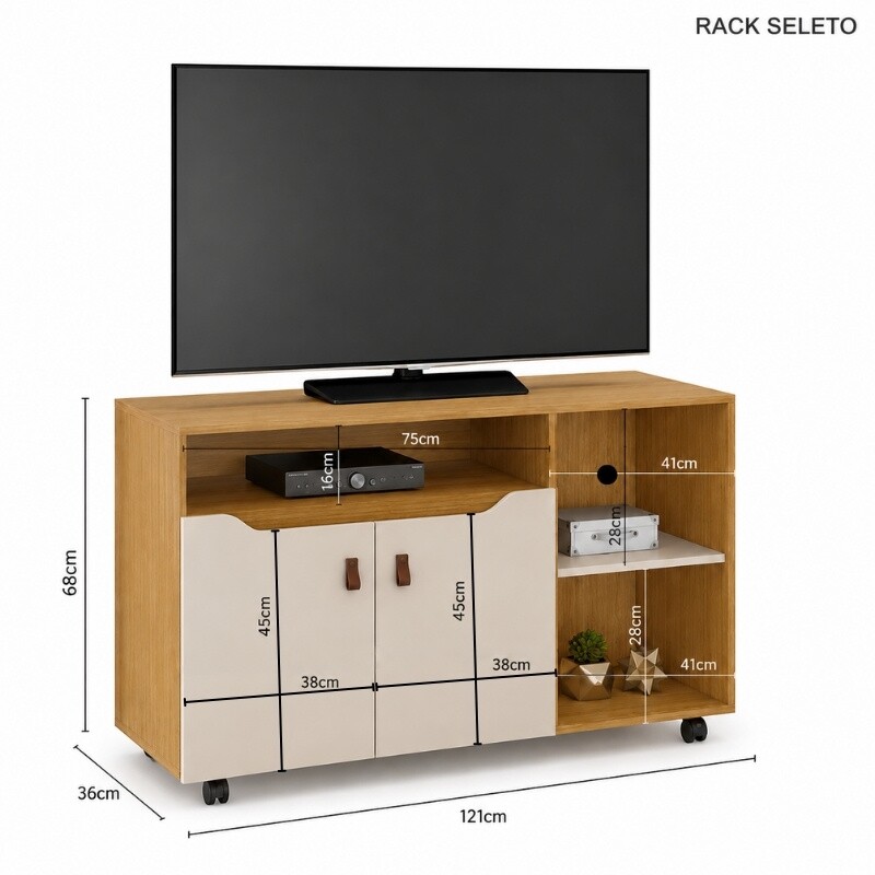 Rack Seleto Candian Larg. 1.21m Cinamomo/Off para TV até 49" - JCM