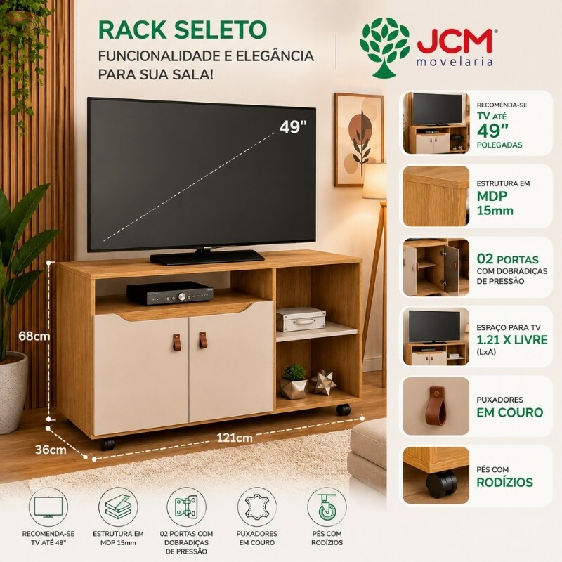 Rack Seleto Candian Larg. 1.21m Cinamomo/Off para TV até 49" - JCM