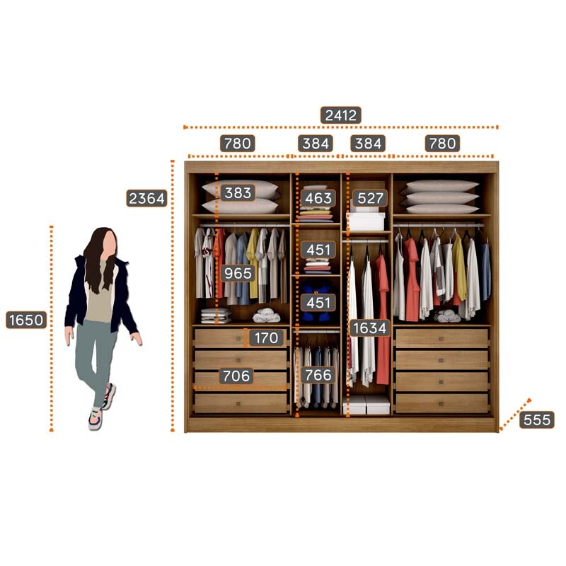 Roupeiro Casal Diamond Plus Cumaru/Fendi Fosco 3 Portas 8 Gavetas C/ 1 Espelho 100% MDF Larg. 2.41m - Novo Horizonte