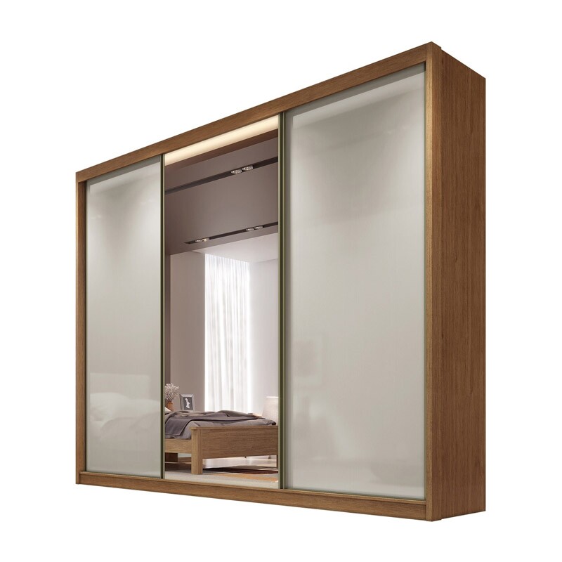Roupeiro Casal Diamond Plus Cumaru/Fendi Fosco 3 Portas 8 Gavetas C/ 1 Espelho 100% MDF Larg. 2.41m - Novo Horizonte