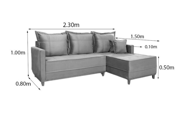 Sofá 3 Lug. Milão C/Chaise Lado Esquerdo Veludo Cinza 814 Larg. 2.30m - Molas Ensacadas