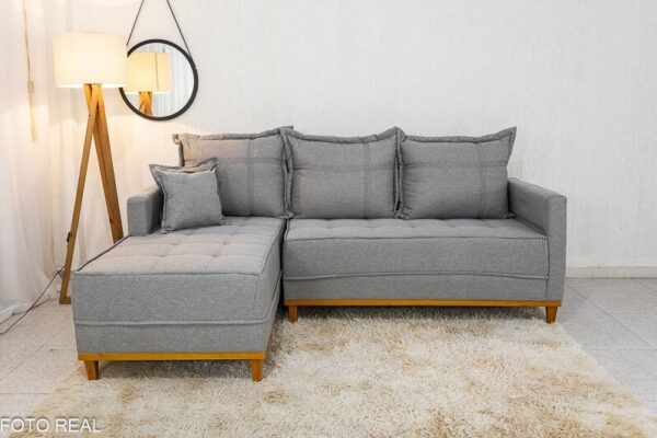 Sofá 3 Lug. Milão C/Chaise Lado Direito Linho Cinza 1008 Larg. 2.30m - Molas Ensacadas