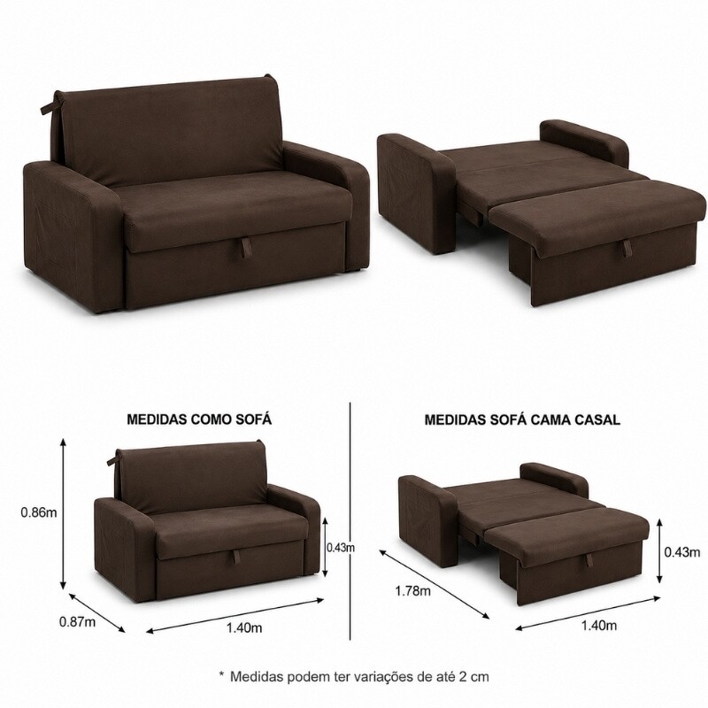 Sofá Cama Daiane Larg. 1.40m C/Baú Veludinho Marrom 256