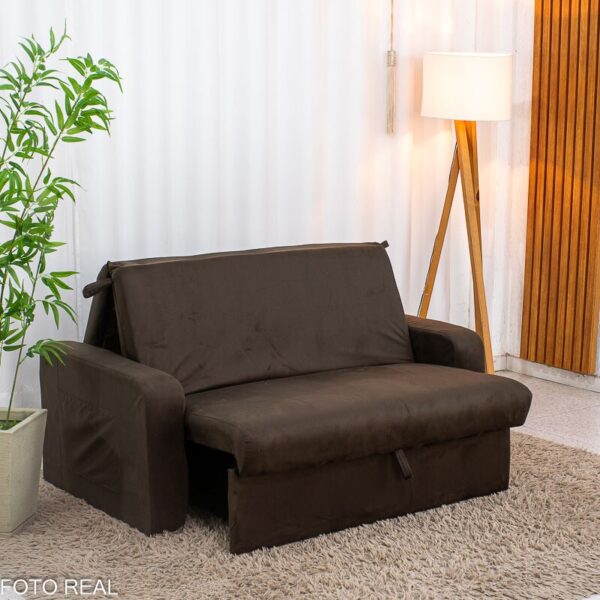Sofá Cama Daiane Larg. 1.40m C/Baú Veludinho Marrom 256