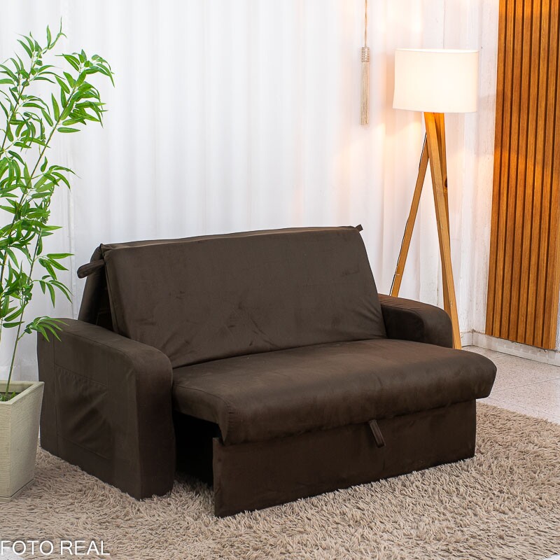 Sofá Cama Daiane Larg. 1.40m C/Baú Veludinho Marrom 256