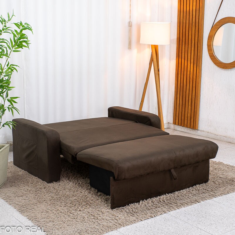 Sofá Cama Daiane Larg. 1.40m C/Baú Veludinho Marrom 256