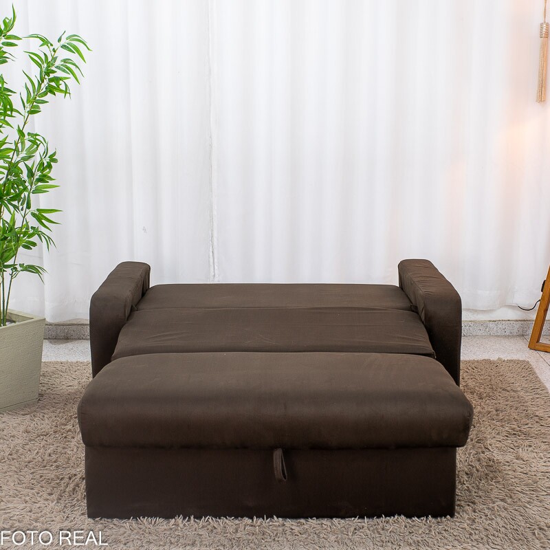 Sofá Cama Daiane Larg. 1.40m C/Baú Veludinho Marrom 256