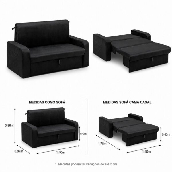 Sofá Cama Daiane Larg. 1.40m C/Baú Veludinho Preto 379/451