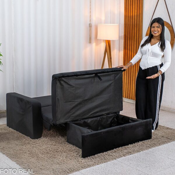 Sofá Cama Daiane Larg. 1.40m C/Baú Veludinho Preto 379/451