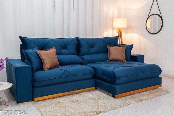 Sofá Retrátil Reclinável Gran Bello 2.90m Veludo Azul - Molas Ensacadas