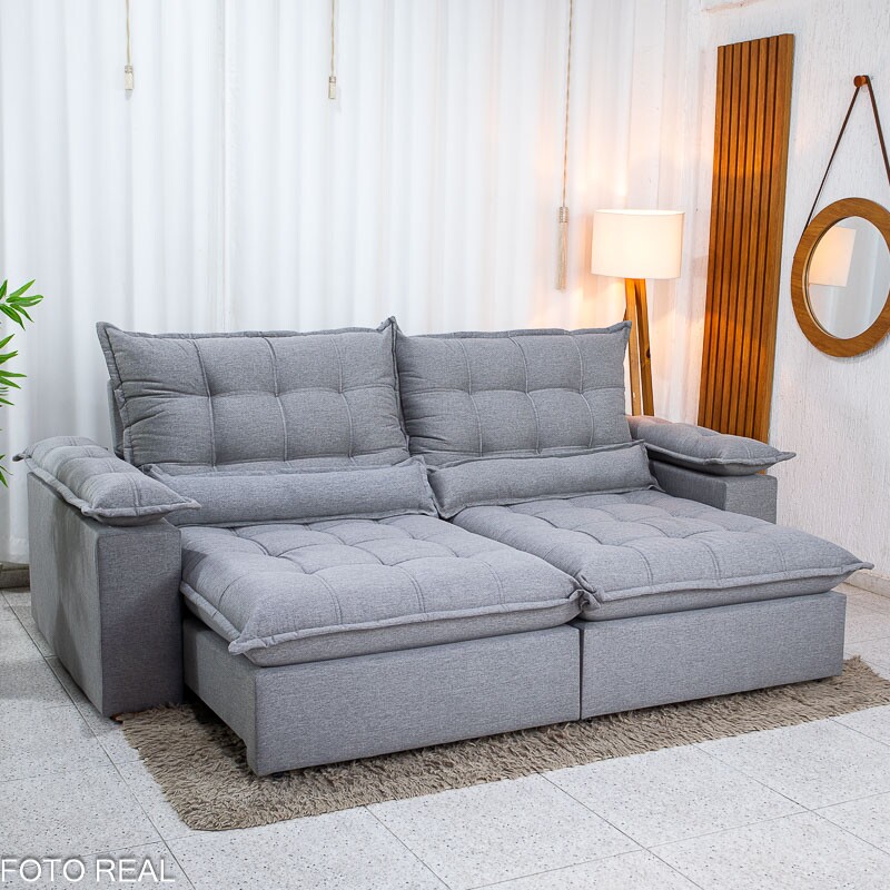 Sofá Retrátil Reclinável Zara 2.50m Linho Cinza 1008 - Molas Ensacadas