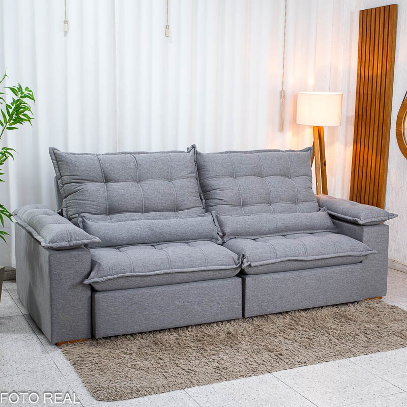 Sofá Retrátil Reclinável Zara 2.50m Linho Cinza 1008 - Molas Ensacadas