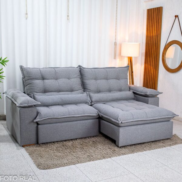 Sofá Retrátil Reclinável Zara 2.50m Linho Cinza 1008 - Molas Ensacadas