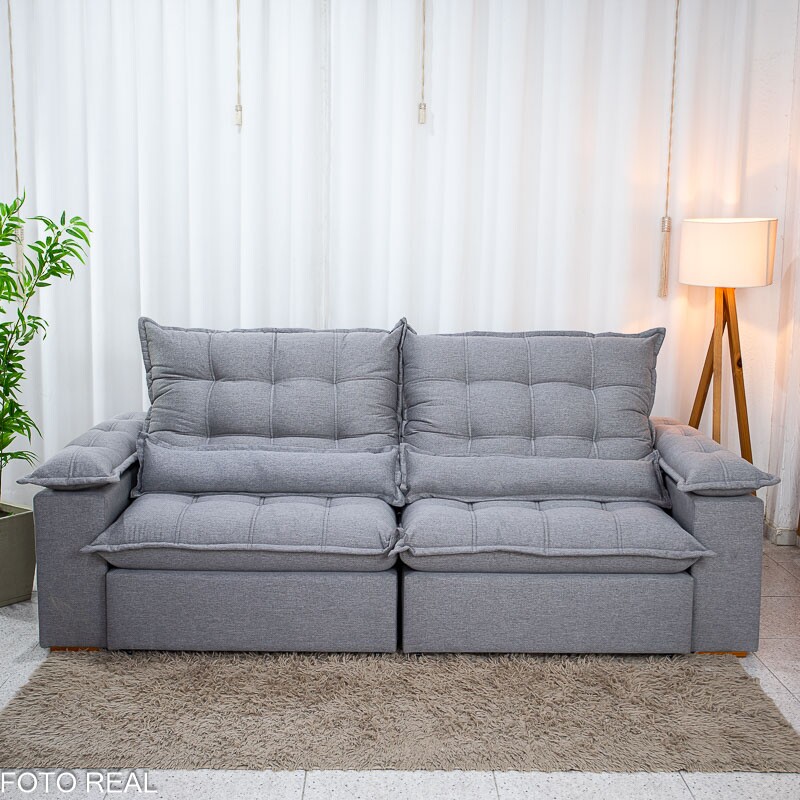 Sofá Retrátil Reclinável Zara 2.50m Linho Cinza 1008 - Molas Ensacadas