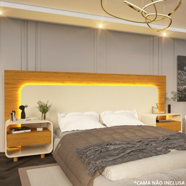 Cabeceira Innova com 2 Criados C/Led Naturale/Off White Casal/Queen/King - Gelius