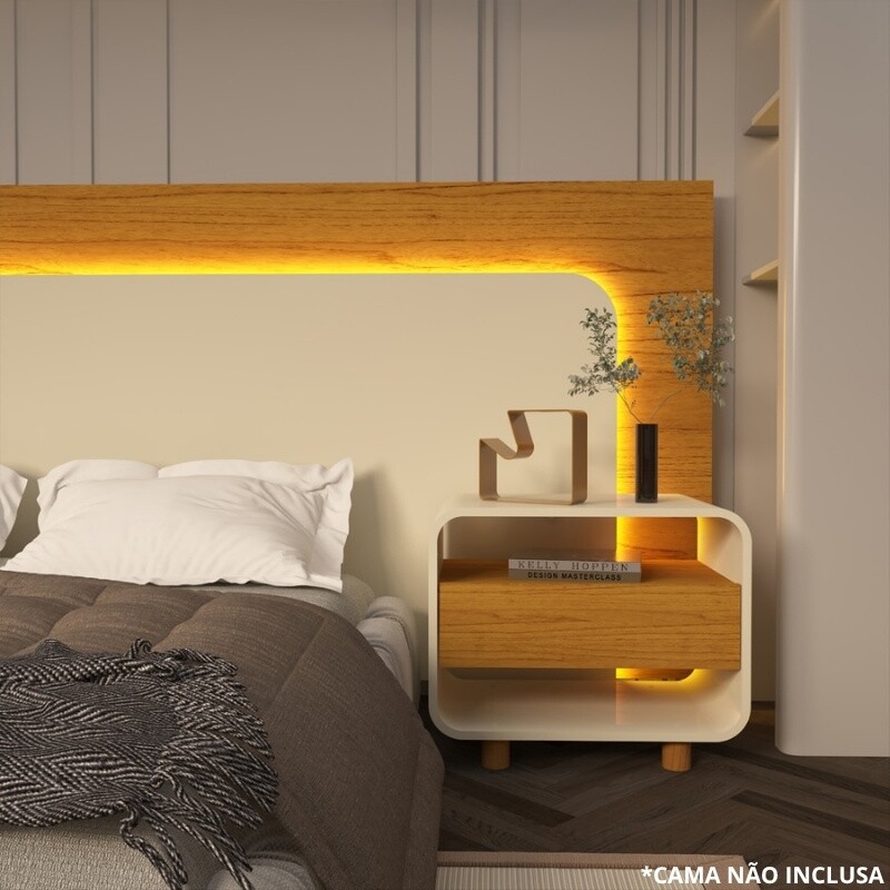 Cabeceira Innova com 2 Criados C/Led Naturale/Off White Casal/Queen/King - Gelius - Imagem 3