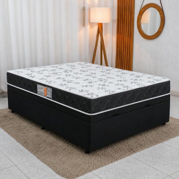 Colchão Casal Extra Firme 100% Espuma Lestespuma + Base Box Baú Casal Prime Confort Sued Preto Blindado - Issacar 138x188x63 | Suporta até 240kg
