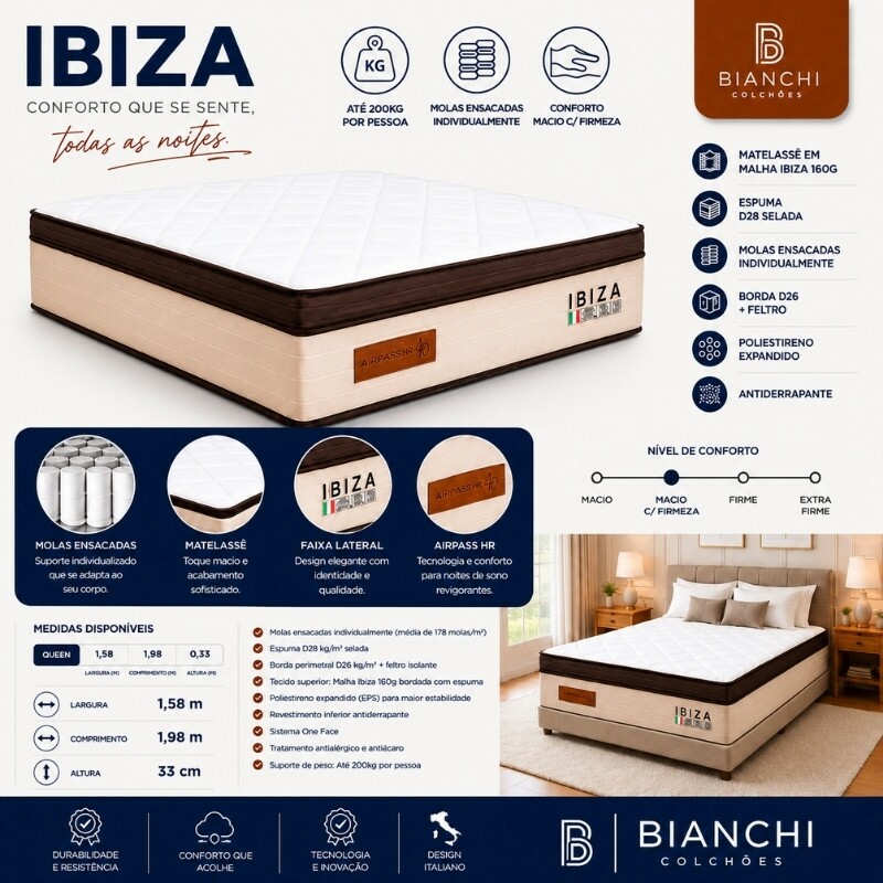 Colchão Queen Ibiza 158x198x25 Molas Ensacadas - Bianchi | Suporta até 400kg - Imagem 6