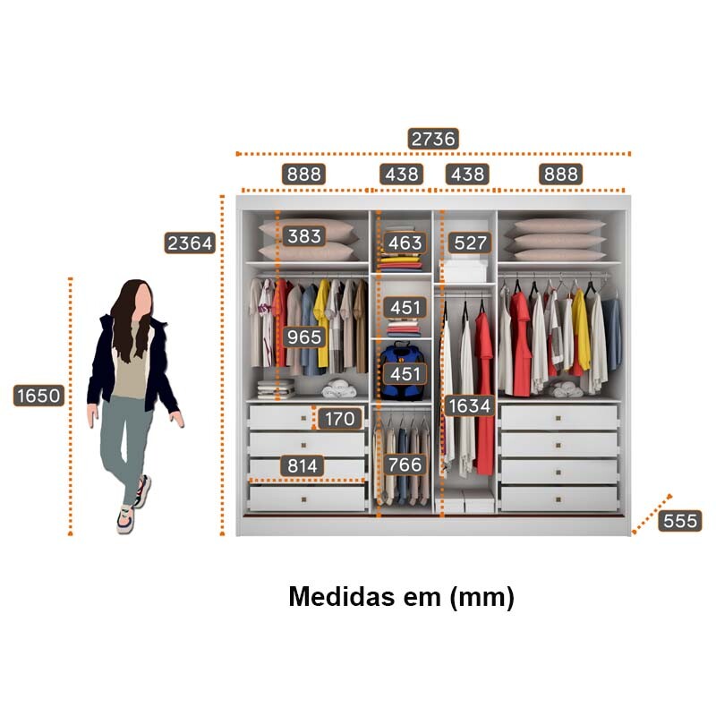 Roupeiro Casal Sollo Plus Branco 3 Portas 8 Gavetas C/ 1 Espelho 100% MDF Larg. 2.73m - Novo Horizonte - Imagem 3