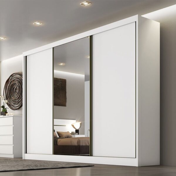 Roupeiro Casal Sollo Plus Branco 3 Portas 8 Gavetas C/ 1 Espelho 100% MDF Larg. 2.73m - Novo Horizonte