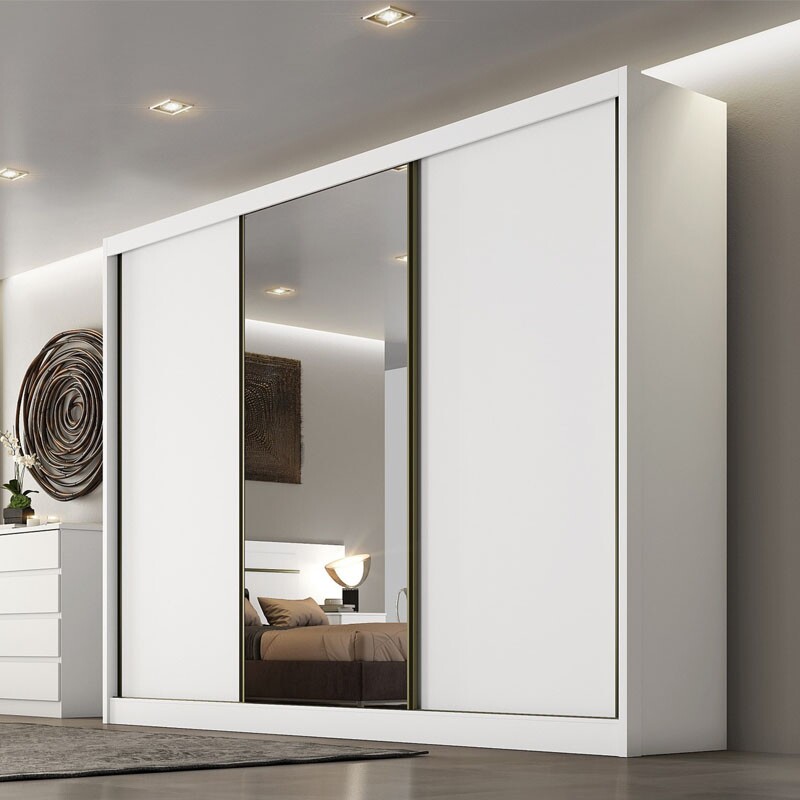Roupeiro Casal Sollo Plus Branco 3 Portas 8 Gavetas C/ 1 Espelho 100% MDF Larg. 2.73m - Novo Horizonte