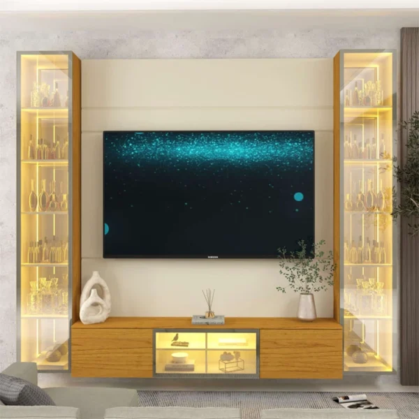 Home Luminare Reflect Larg. 2.30m Off White/Naturale C/LED e Espelho TV de até 70" - Gelius