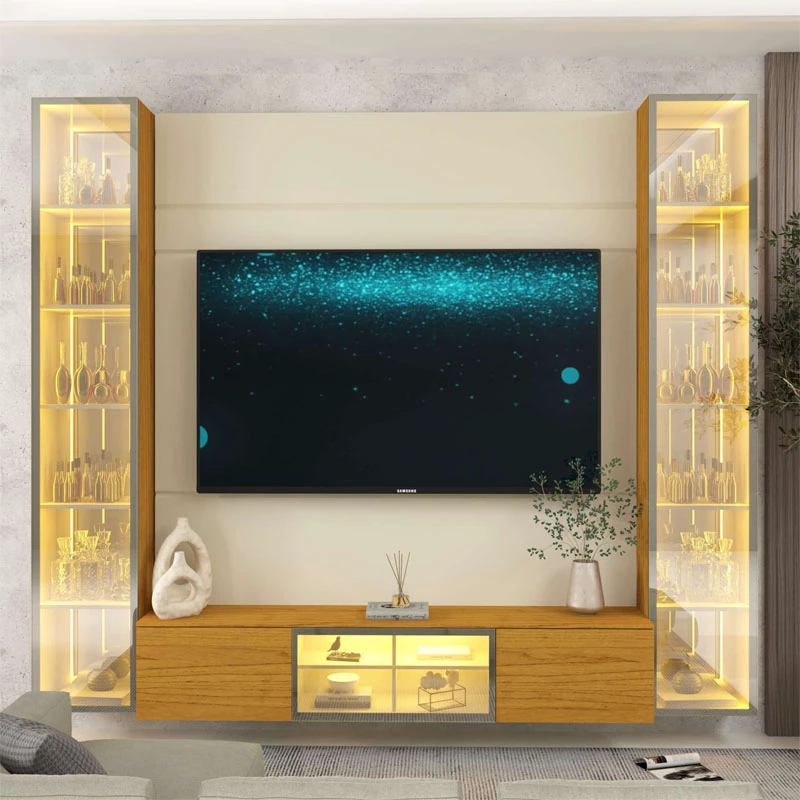 Home Luminare Reflect Larg. 2.30m Off White/Naturale C/LED e Espelho TV de até 70" - Gelius