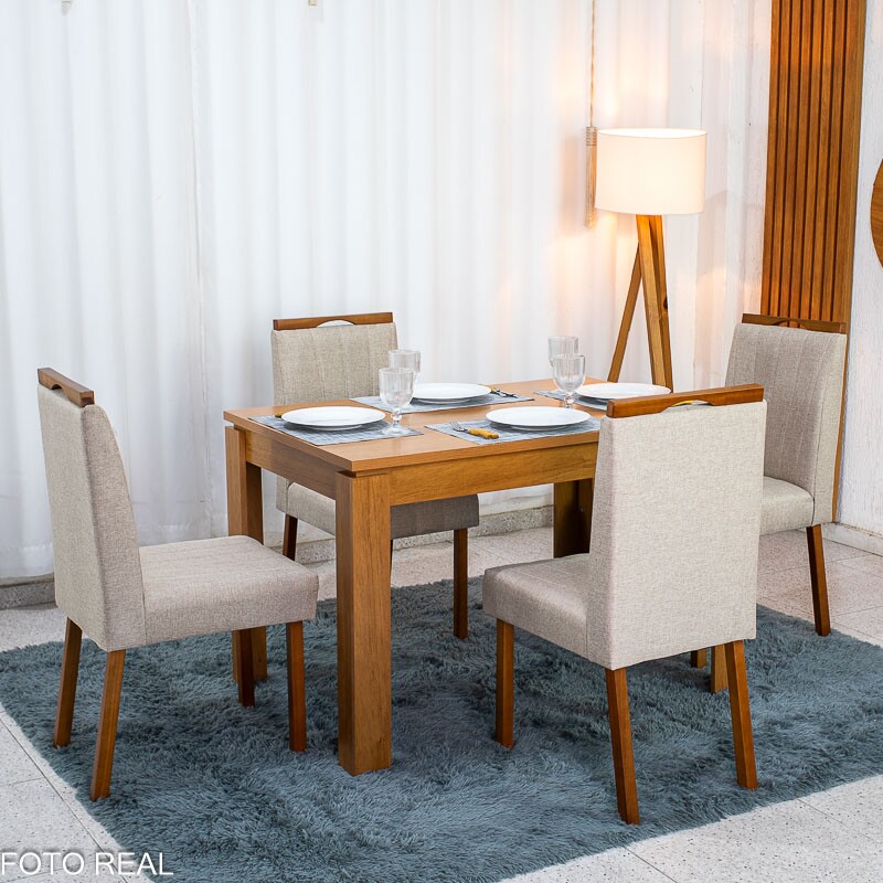 Mesa Athenas 120x80 Amêndoa Clean Tampo Maciço - Móveis Lopas + 4 Cad. Isabela Linho Bege Madeira Maciça Entregue Montada - KM Decor - Imagem 3