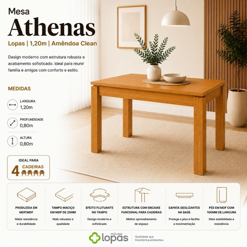 Mesa Athenas 120x80 Amêndoa Clean Tampo Maciço - Móveis Lopas + 4 Cad. Isabela Linho Bege Madeira Maciça Entregue Montada - KM Decor - Imagem 11