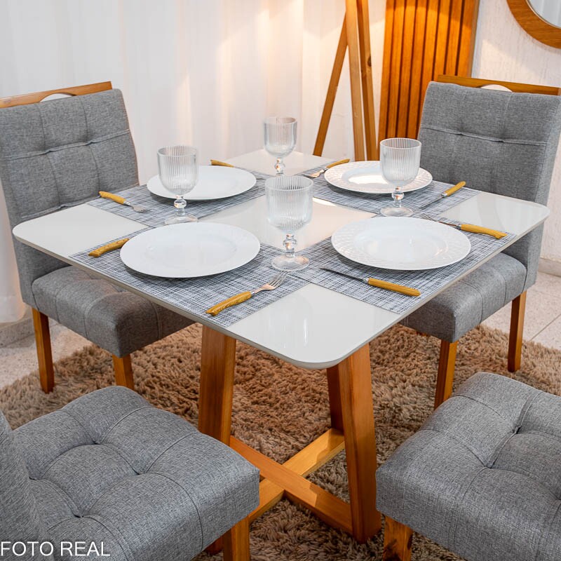 Mesa de Jantar Bali 90×90 Vidro Off/Base Madeira + 4 Cad. Londres Linho Cinza Madeira Minas Plac - Entregue Montada - Imagem 2