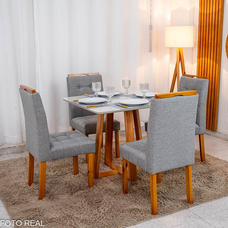 Mesa de Jantar Bali 90×90 Vidro Off/Base Madeira + 4 Cad. Londres Linho Cinza Madeira Minas Plac - Entregue Montada - Imagem 3