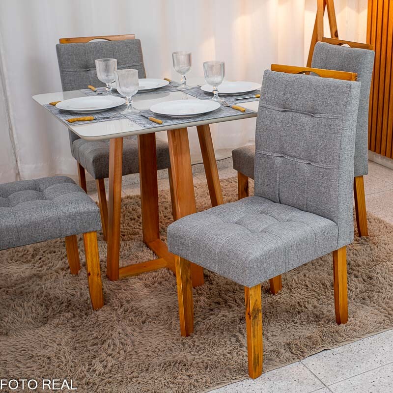 Mesa de Jantar Bali 90×90 Vidro Off/Base Madeira + 4 Cad. Londres Linho Cinza Madeira Minas Plac - Entregue Montada - Imagem 4