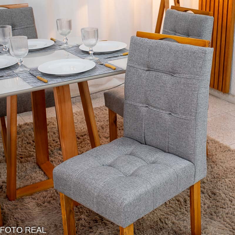 Mesa de Jantar Bali 90×90 Vidro Off/Base Madeira + 4 Cad. Londres Linho Cinza Madeira Minas Plac - Entregue Montada - Imagem 5