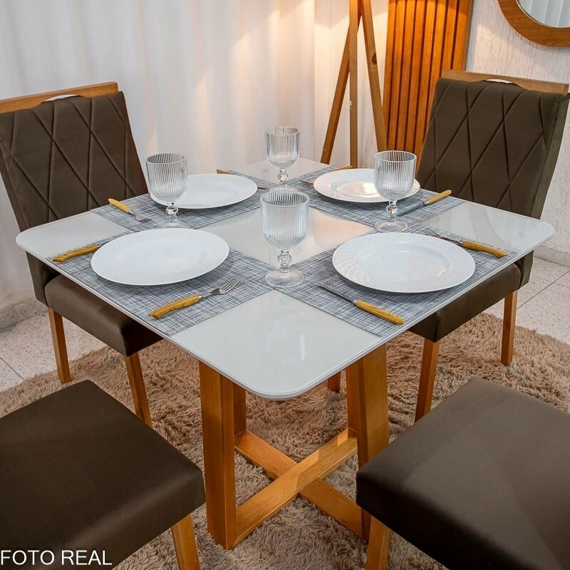 Mesa de Jantar Bali 90x90 Vidro Off/Base Madeira - Minas Plac + 4 Cad. Lisboa Veludo Marrom 509 Madeira Art Assento - Entregue Montada - Imagem 2