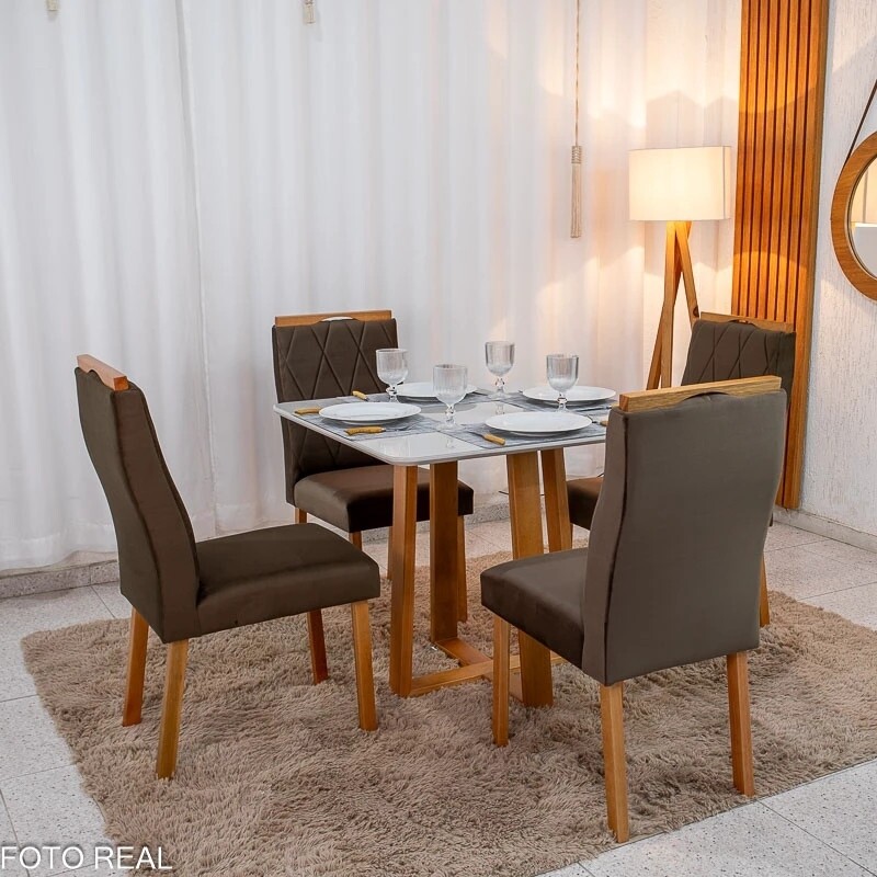 Mesa de Jantar Bali 90x90 Vidro Off/Base Madeira - Minas Plac + 4 Cad. Lisboa Veludo Marrom 509 Madeira Art Assento - Entregue Montada - Imagem 3