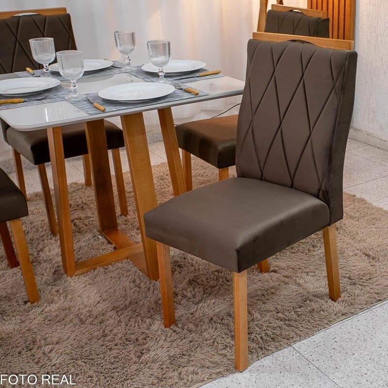 Mesa de Jantar Bali 90x90 Vidro Off/Base Madeira - Minas Plac + 4 Cad. Lisboa Veludo Marrom 509 Madeira Art Assento - Entregue Montada - Imagem 4