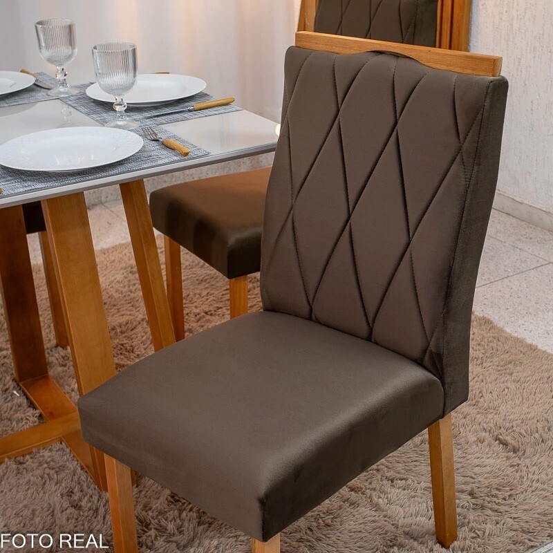 Mesa de Jantar Bali 90x90 Vidro Off/Base Madeira - Minas Plac + 4 Cad. Lisboa Veludo Marrom 509 Madeira Art Assento - Entregue Montada - Imagem 5