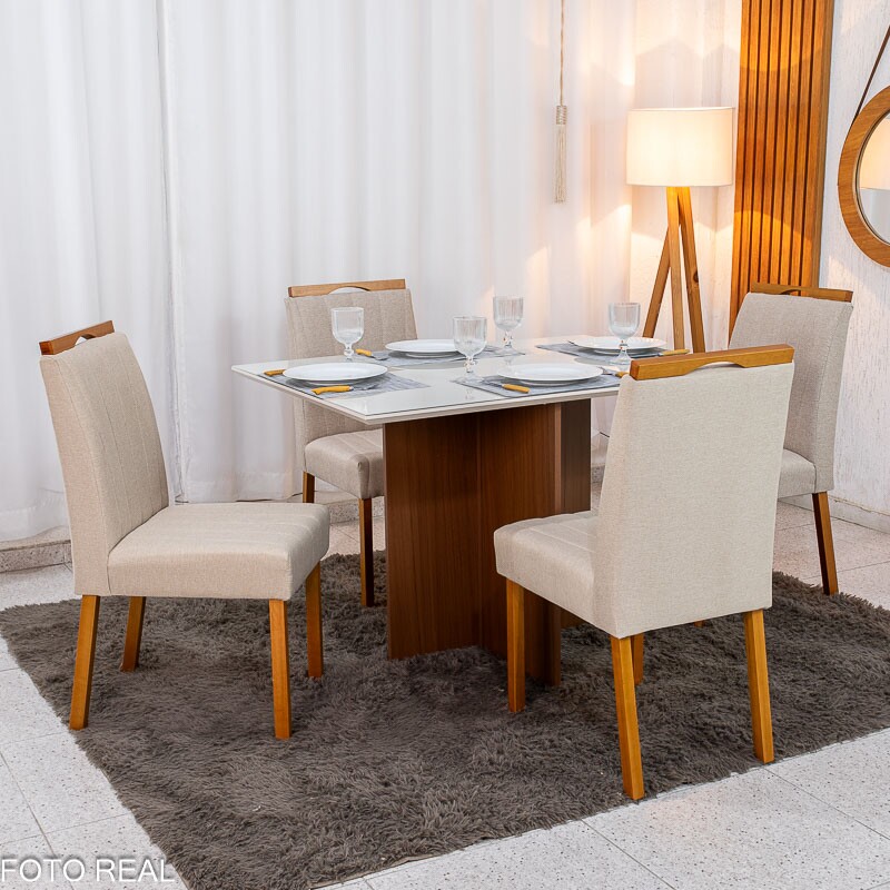 Mesa de Jantar Helo 120×90 Vidro Off/Base Mel Poliman + 4 Cad. Isabela Linho Bege 01 Madeira Maciça KM Decor - Entregue Montada