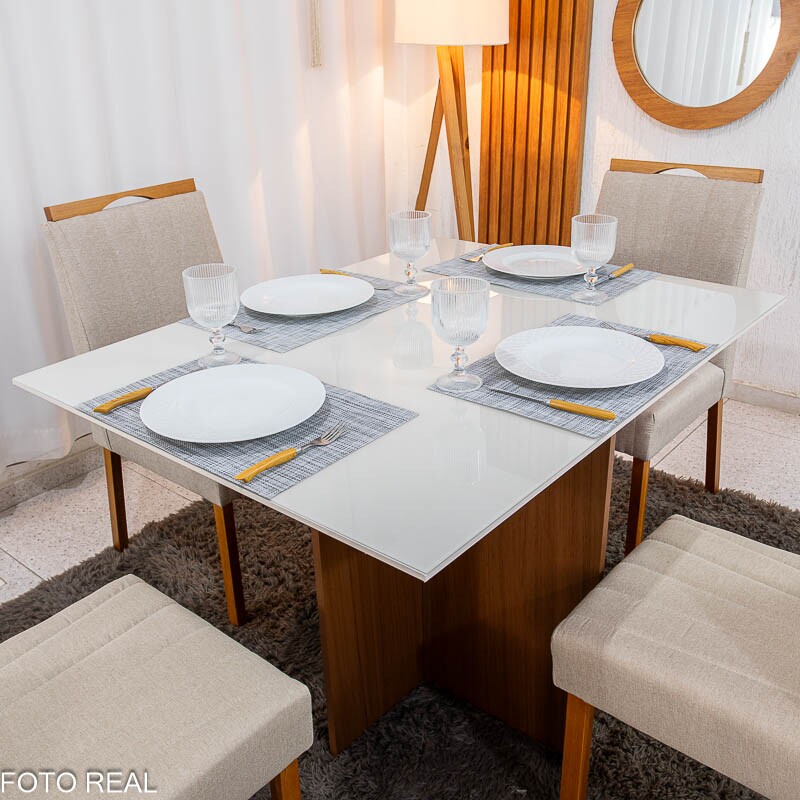Mesa de Jantar Helo 120×90 Vidro Off/Base Mel Poliman + 4 Cad. Isabela Linho Bege 01 Madeira Maciça KM Decor - Entregue Montada - Imagem 2