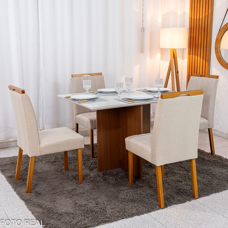 Mesa de Jantar Helo 120×90 Vidro Off/Base Mel Poliman + 4 Cad. Isabela Linho Bege 01 Madeira Maciça KM Decor - Entregue Montada - Imagem 3