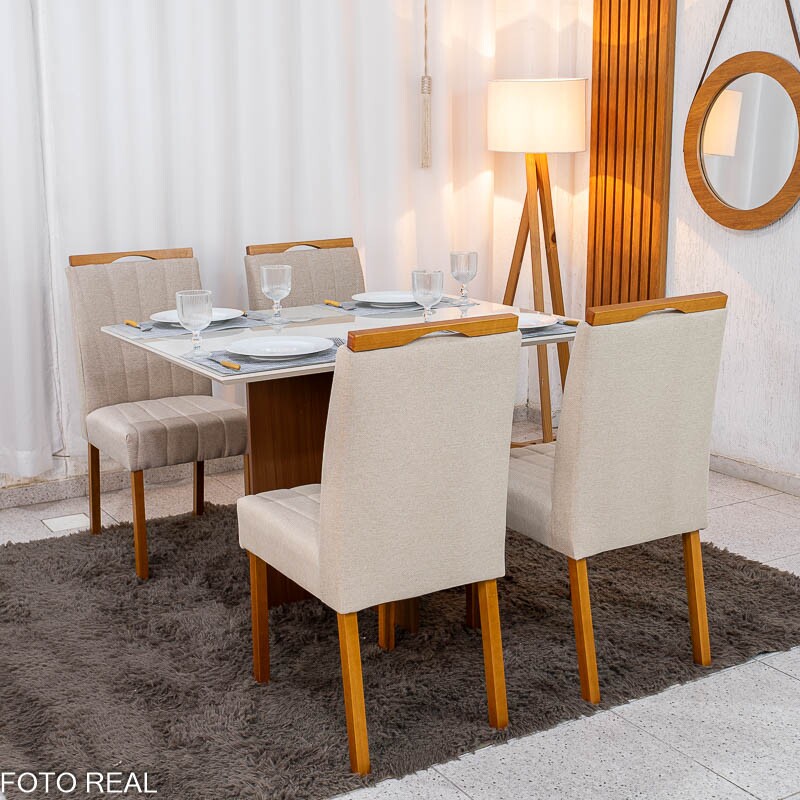 Mesa de Jantar Helo 120×90 Vidro Off/Base Mel Poliman + 4 Cad. Isabela Linho Bege 01 Madeira Maciça KM Decor - Entregue Montada - Imagem 4