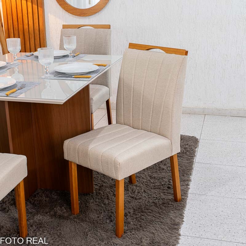 Mesa de Jantar Helo 120×90 Vidro Off/Base Mel Poliman + 4 Cad. Isabela Linho Bege 01 Madeira Maciça KM Decor - Entregue Montada - Imagem 5