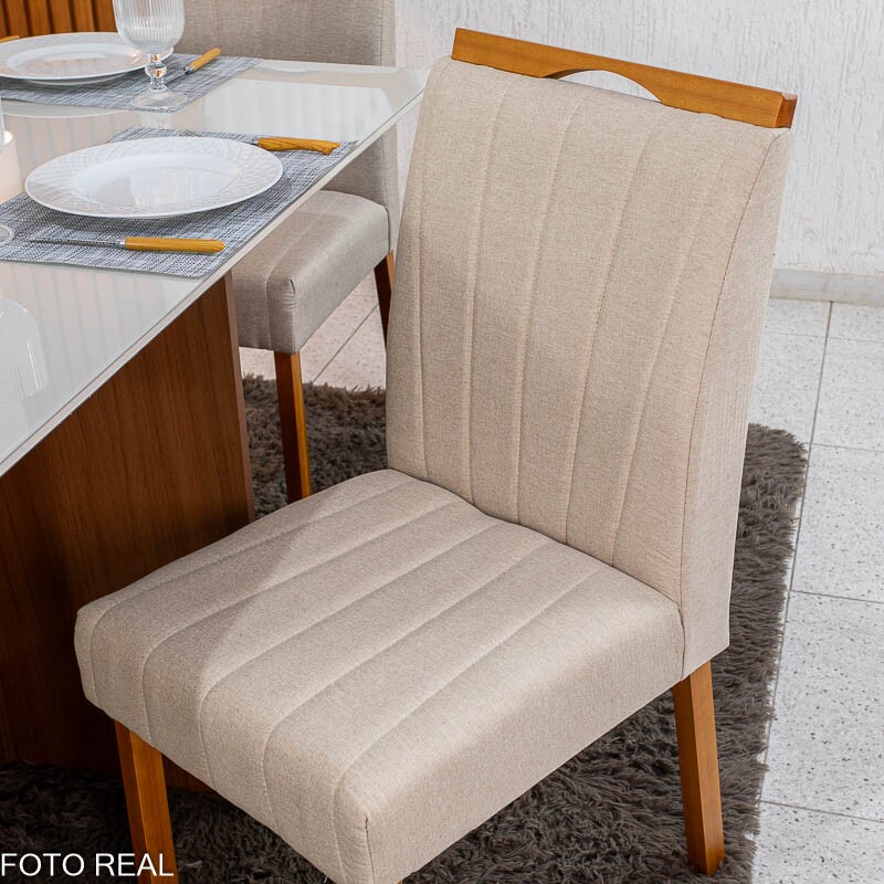 Mesa de Jantar Helo 120×90 Vidro Off/Base Mel Poliman + 4 Cad. Isabela Linho Bege 01 Madeira Maciça KM Decor - Entregue Montada - Imagem 6