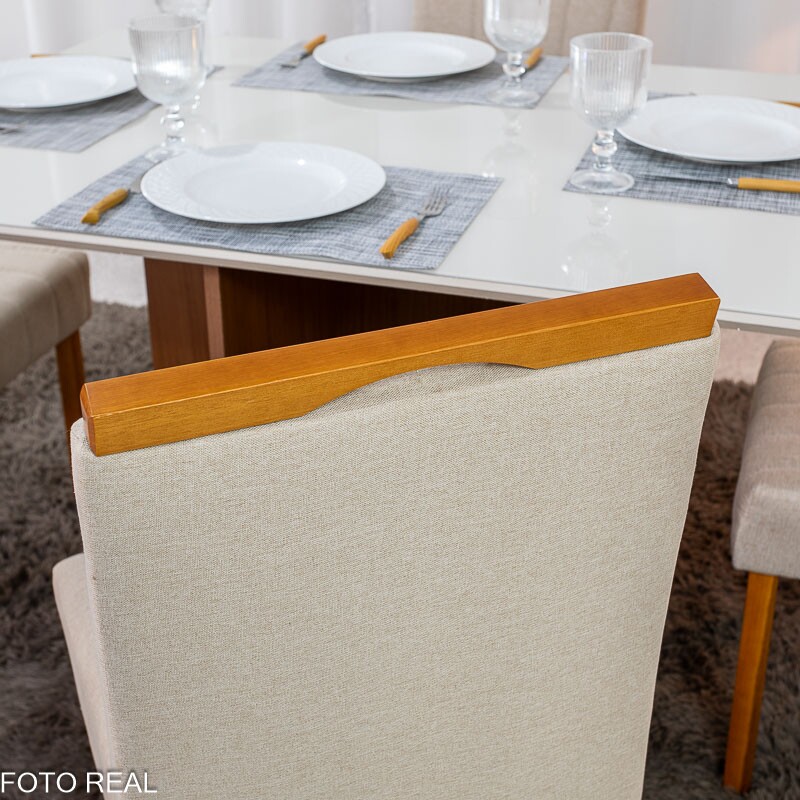 Mesa de Jantar Helo 120×90 Vidro Off/Base Mel Poliman + 4 Cad. Isabela Linho Bege 01 Madeira Maciça KM Decor - Entregue Montada - Imagem 7
