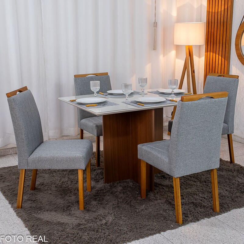 Mesa de Jantar Helo 120×90 Vidro Off/Base Mel Poliman + 4 Cad. Isabela Linho Cinza 05 Madeira Maciça KM Decor - Entregue Montada